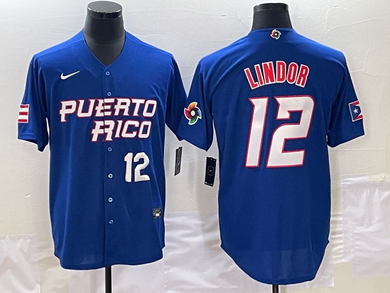 Men 2023 World Cub Puerto Rico #12 Lindor Blue Nike MLB Jersey2->more jerseys->MLB Jersey